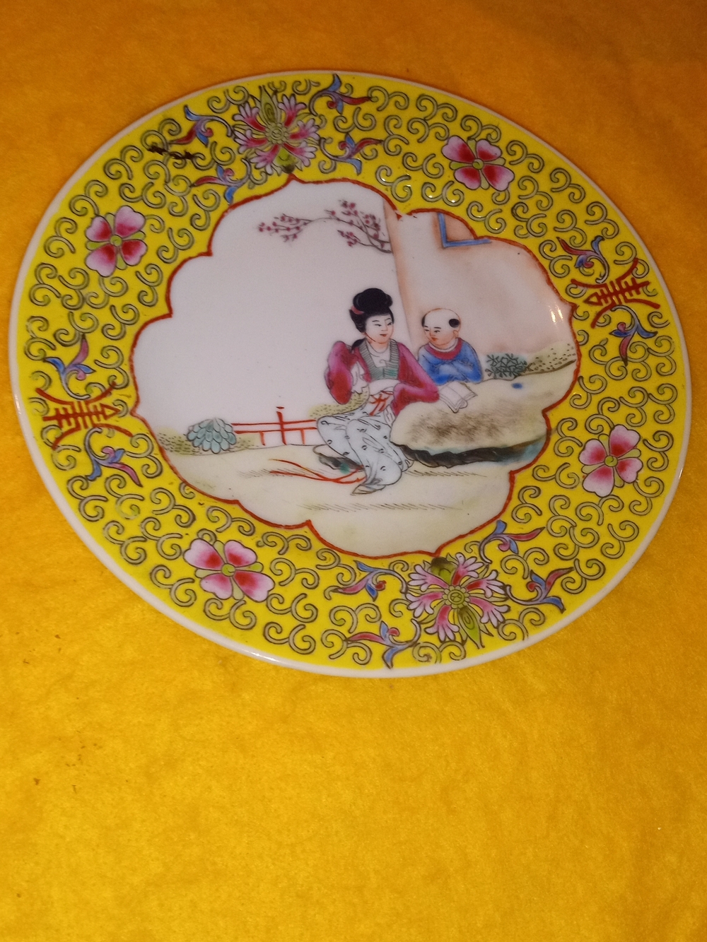 Hand-Painted Chinese Porcelain Decorative Plate - Yellow Floral Border